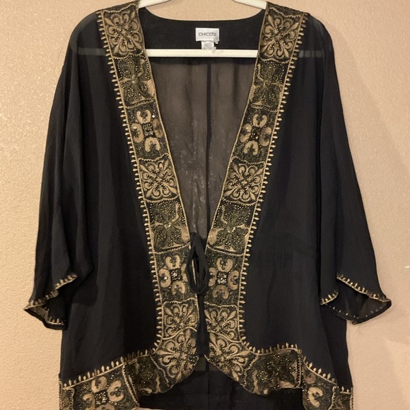 Chicos Vintage 90s Silk Beaded Contemporary Blouse Cardigan with Tie A13 - Picture 1 of 4